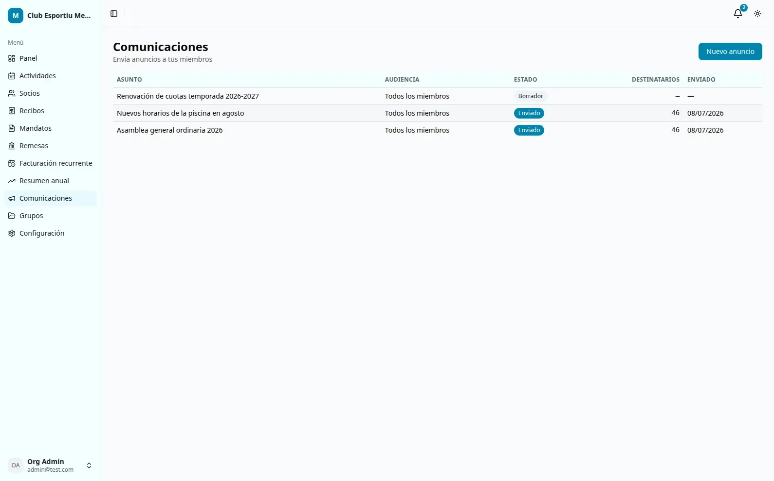 Preview of the Memship announcements screen.