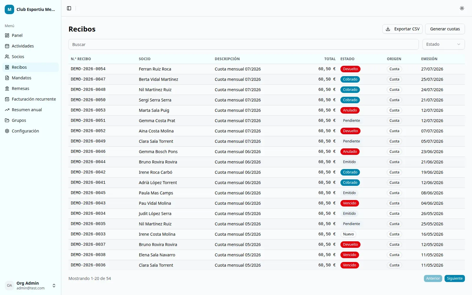 Preview of the Memship payments and receipts screen.